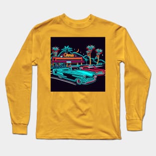 A design that captures the spirit of a classic American road trip from the 1950s or 60s, with vintage cars, neon signs, and roadside attractions. Long Sleeve T-Shirt